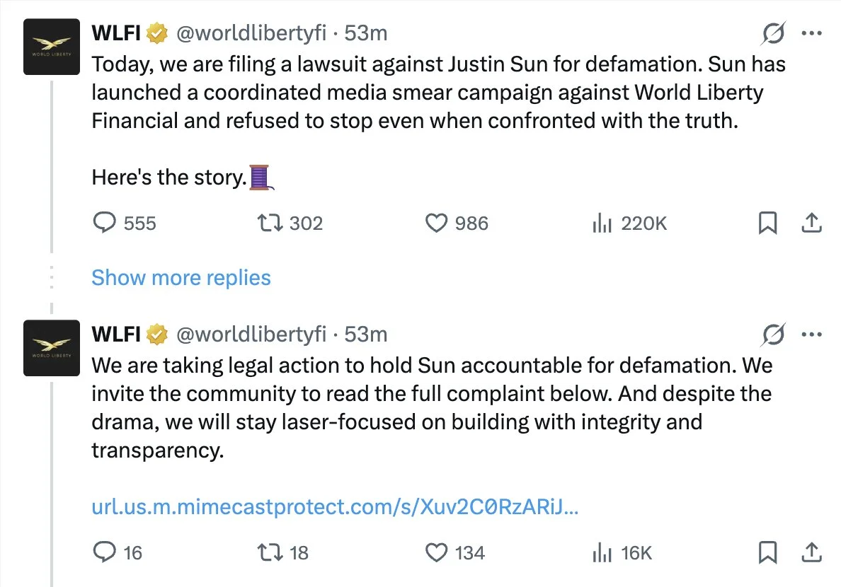 WLFI Sues Justin Sun for Defamation, Alleges “Short-and-Distort” Scheme

WLFI, a