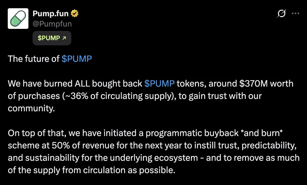 PumpFun Burns 370M USD of Repurchased Tokens, Allocates 50% of Revenue to Buybac