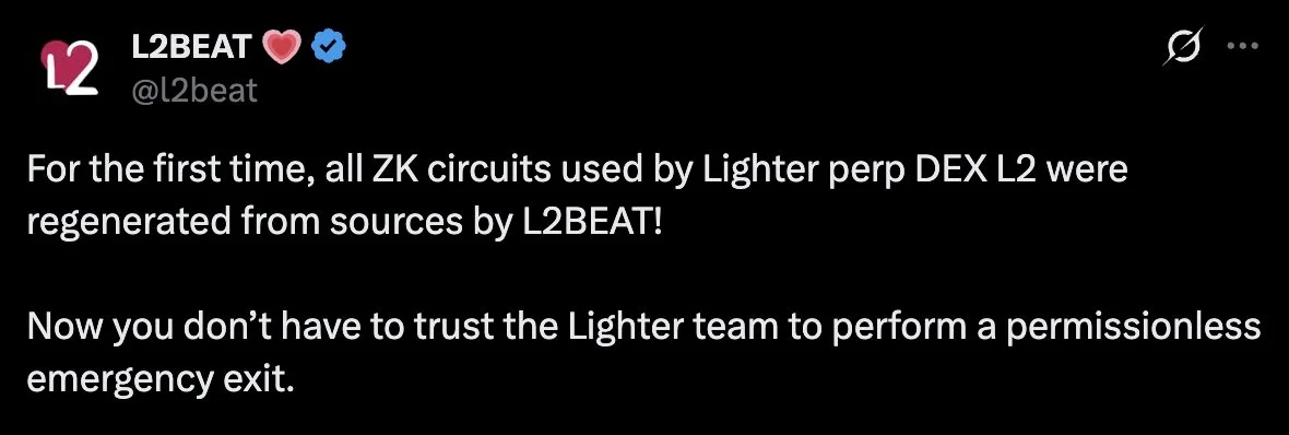L2Beat Regenerates Lighter's ZK Circuits — Permissionless Emergency Exits Now Live Without Trusting the Team!