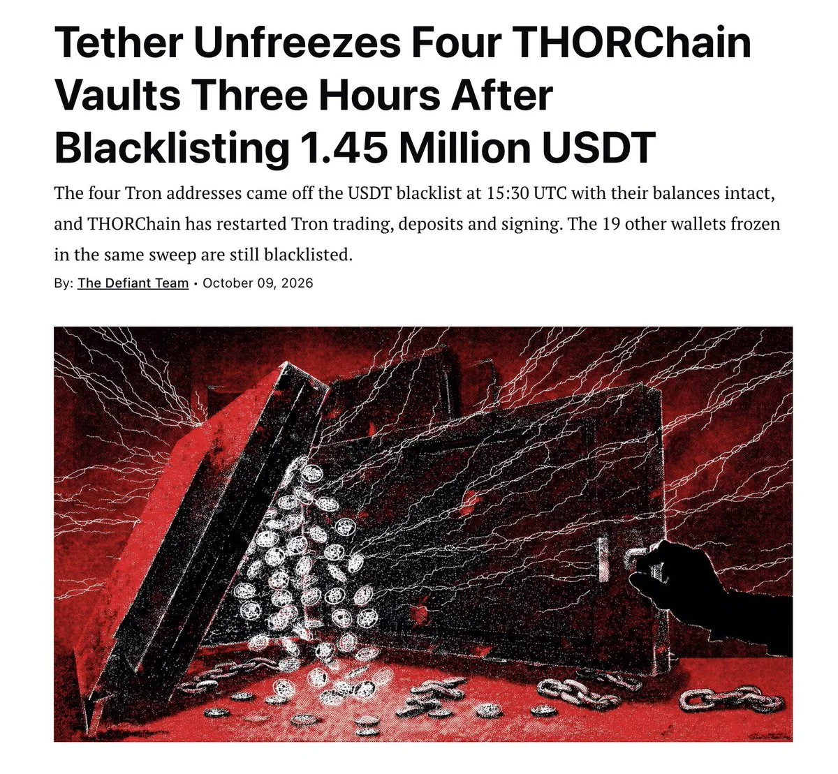 Tether Reverses 1.45M USDT Freeze on THORChain