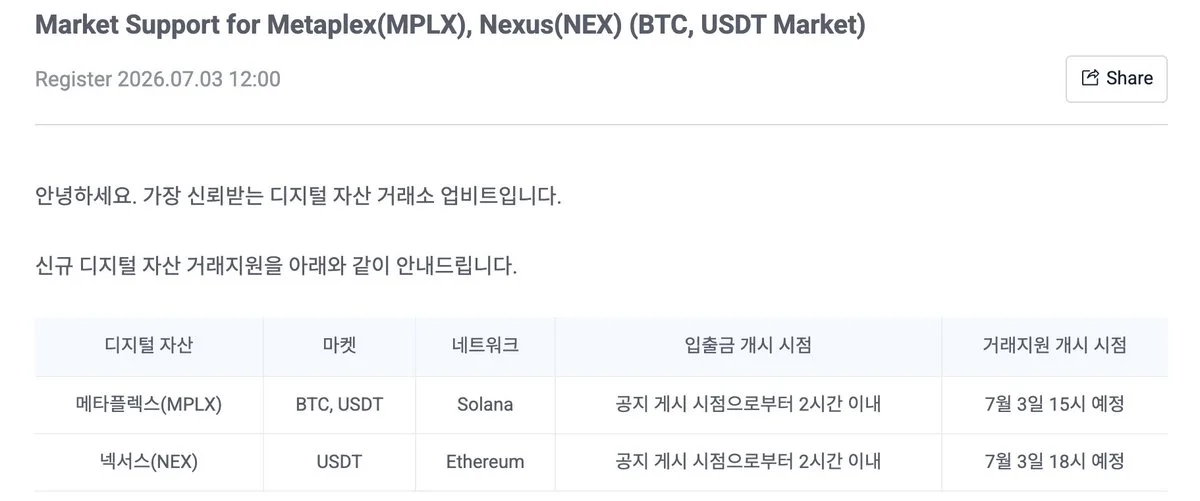 Upbit and Bithumb list MPLX and NEX on Korean KRW market