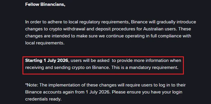 Binance Australia mandates full sender and beneficiary data on all crypto transfers from July 1, 2026!