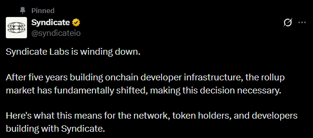 a16z-Backed Syndicate Labs Shuts Down After Five Years, Cites Rollup Market Collapse!