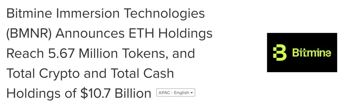 ETH: Bitmine kauft 52.203 Token, hält nun 5,67 Mio.