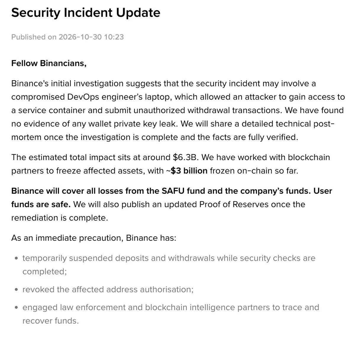 Binance Reports $6.3B Security Incident, Suspends Withdrawals
