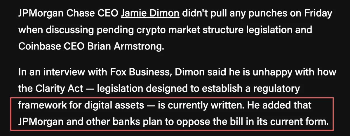Jamie Dimon: Banks Will Fight the CLARITY Act in Its…