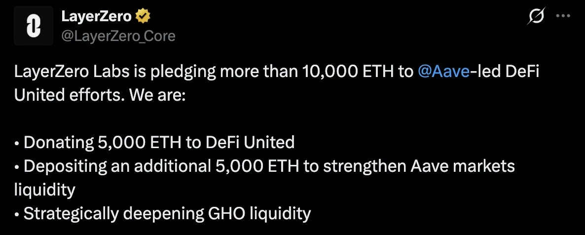 LayerZero Pledges Over 10,000 ETH to DeFi United Recovery Effort

LayerZero Labs
