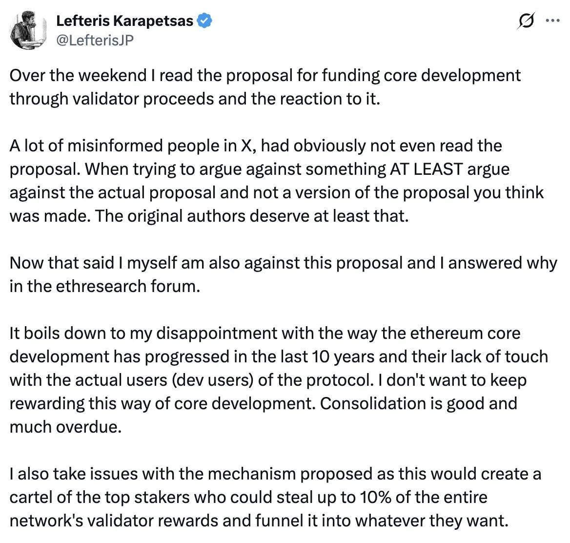 Ethereum staking funding plan risks validator capture, dev warns
