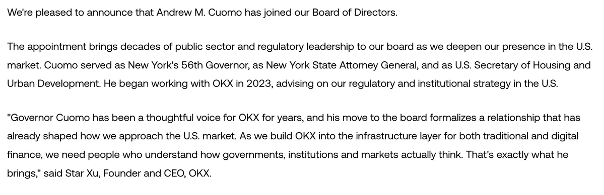 OKX, Cuomo'yu yönetime ekledi, ABD düzenleyicilerini hedefliyor