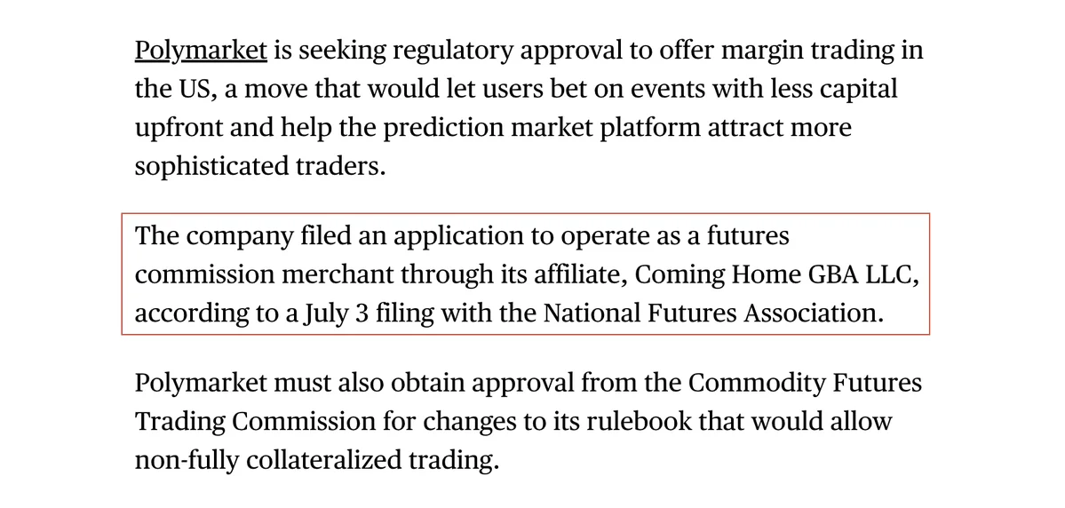 Polymarket seeks US margin trading license via FCM affiliate