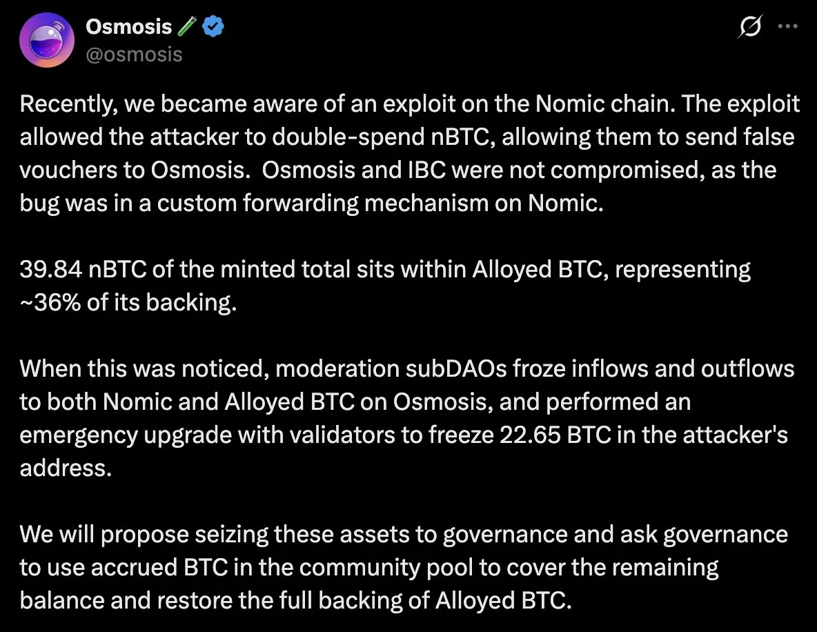 Nomic nBTC Double-Spend Freezes 22.65 BTC on Osmosis