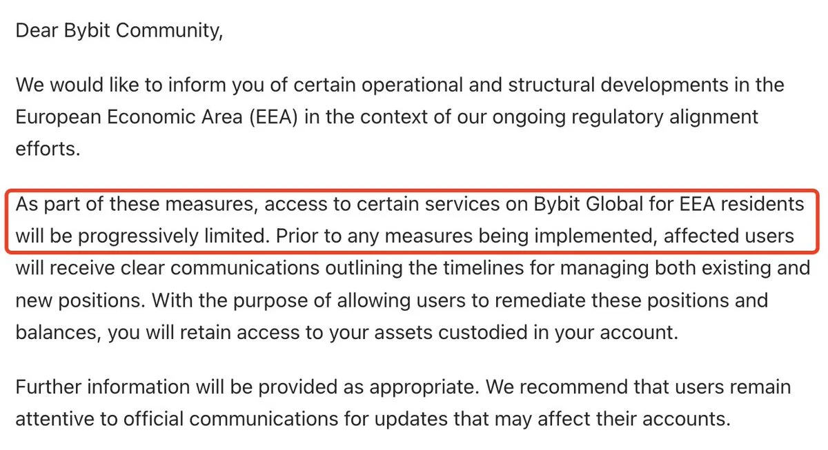Bybit restringe serviços a utilizadores do EEE sob o MiCA