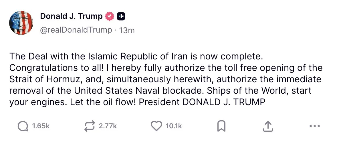 Trump declares Iran deal done, Strait of Hormuz reopens!