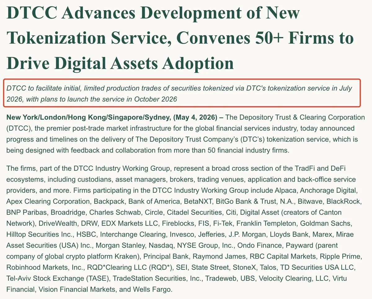 DTCC to Pilot Tokenized Securities Trading in July

DTCC said it will begin limi