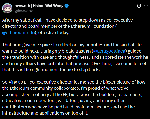 Hsiao-Wei Wang renuncia à Fundação Ethereum…