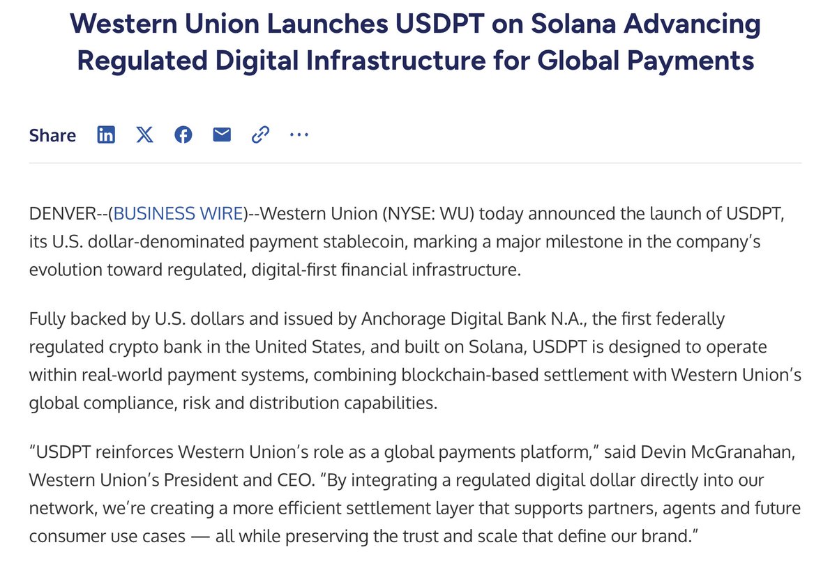 Western Union Launches USDPT Stablecoin on Solana

Western Union, the Largest Re