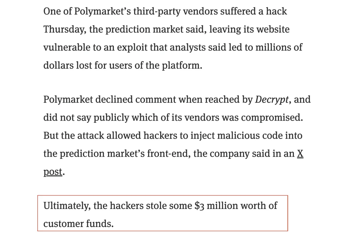 Polymarket: 3 Mio. $ durch Drittanbieter-Hack gestohlen