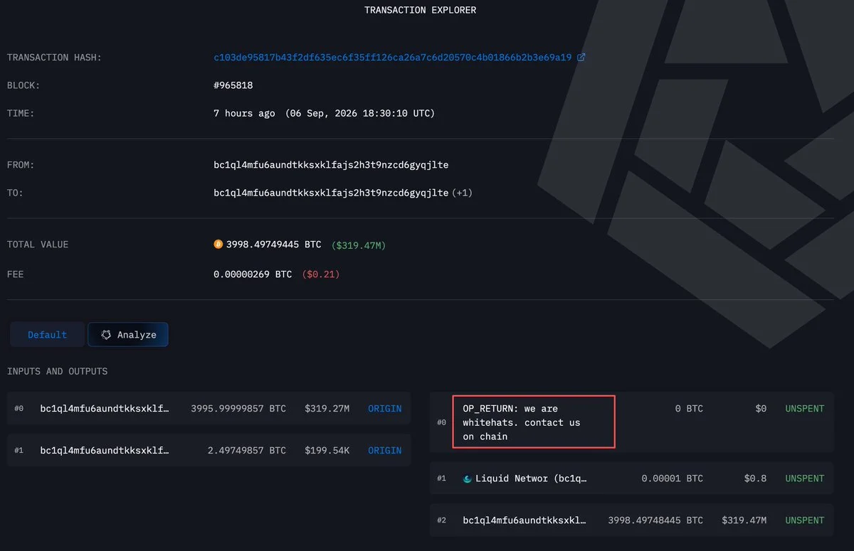 Liquid Network Hack Drains 3,998.5 BTC Worth $319.5M