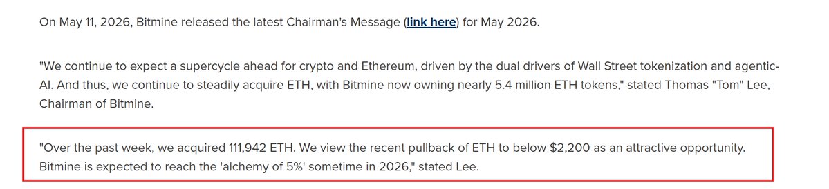 BitMine hält 5,39M ETH — 4,47% des Gesamtangebots nach 112K…