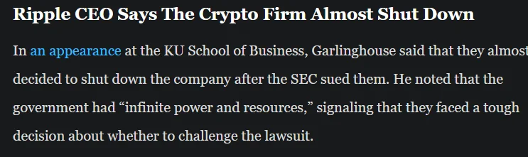 XRP: Ripple Nearly Shut Down After SEC Suit, Garlinghouse Says