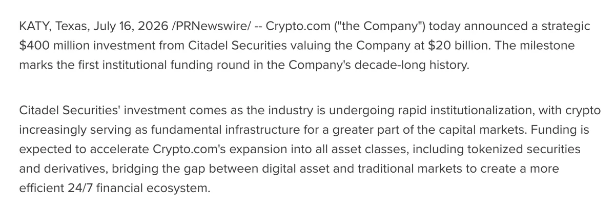 Crypto.com erhält 400 Mio. Dollar von Citadel Securities