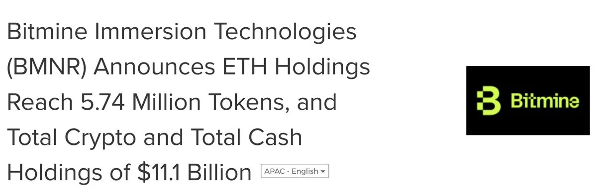 Bitmine suma 42.197 ETH y roza el 5% del supply