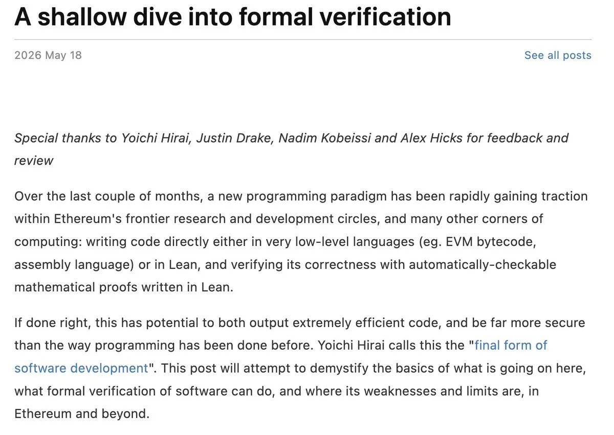 Vitalik: AI-Assisted Formal Verification Could Be the 'Final Form' of Secure Software Development