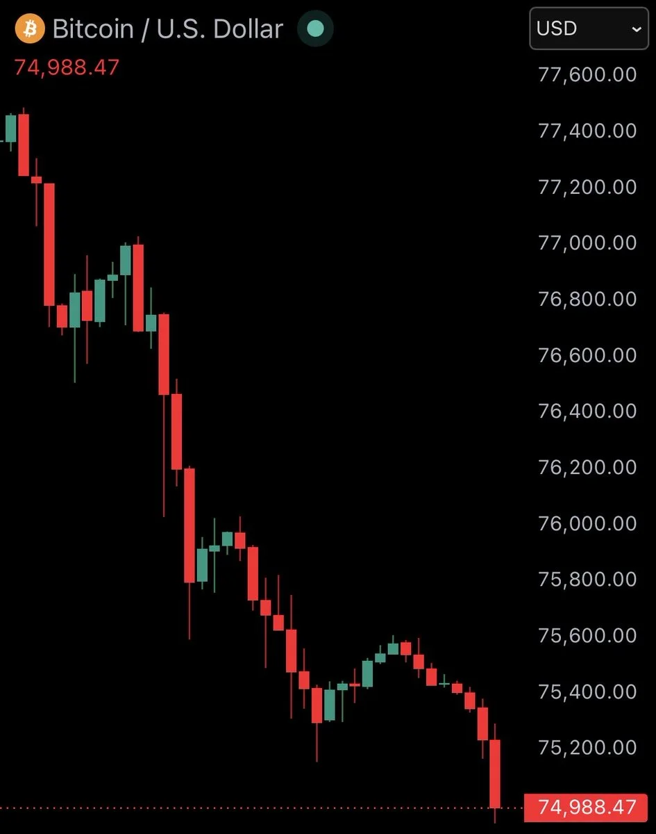 Bitcoin Drops Below $75,000 as Selling Pressure Mounts
