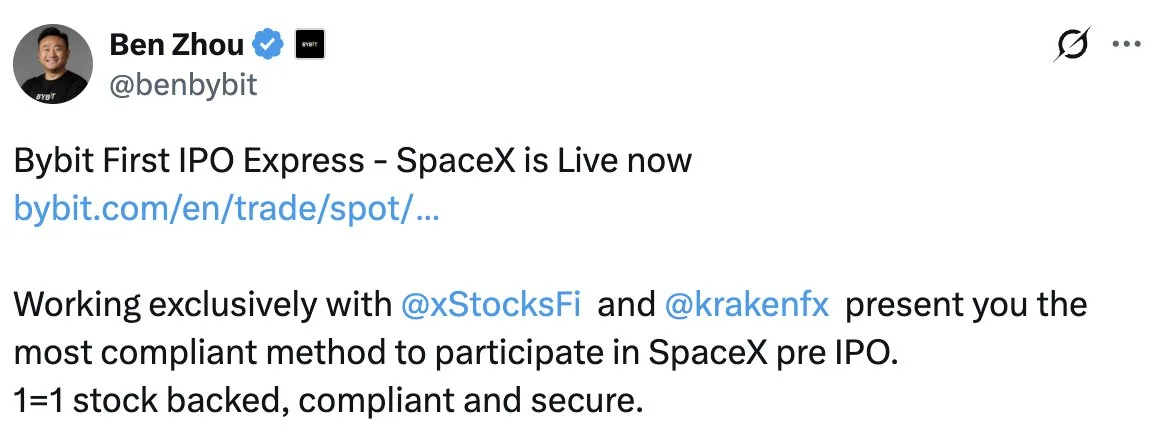 Bybit launches tokenized SpaceX IPO via xStocks on-chain!