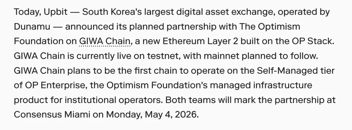 GIWA Chain to Operate Under OP Enterprise Self-Managed Model, Upbit to Control P