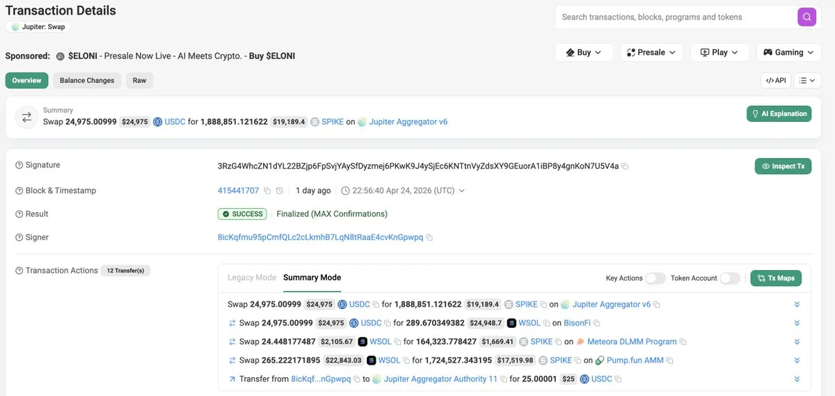 A wallet linked to @RookieXBT spent 25,000 $USDC to buy 1.89M $SPIKE.

https://t