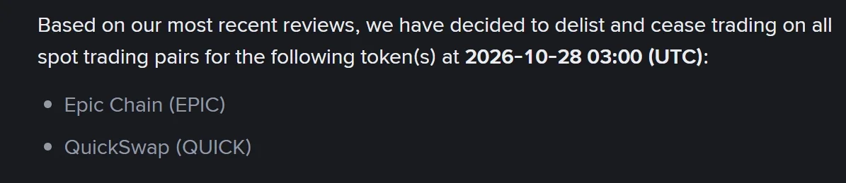 Binance Delists QUICK and EPIC on October 28