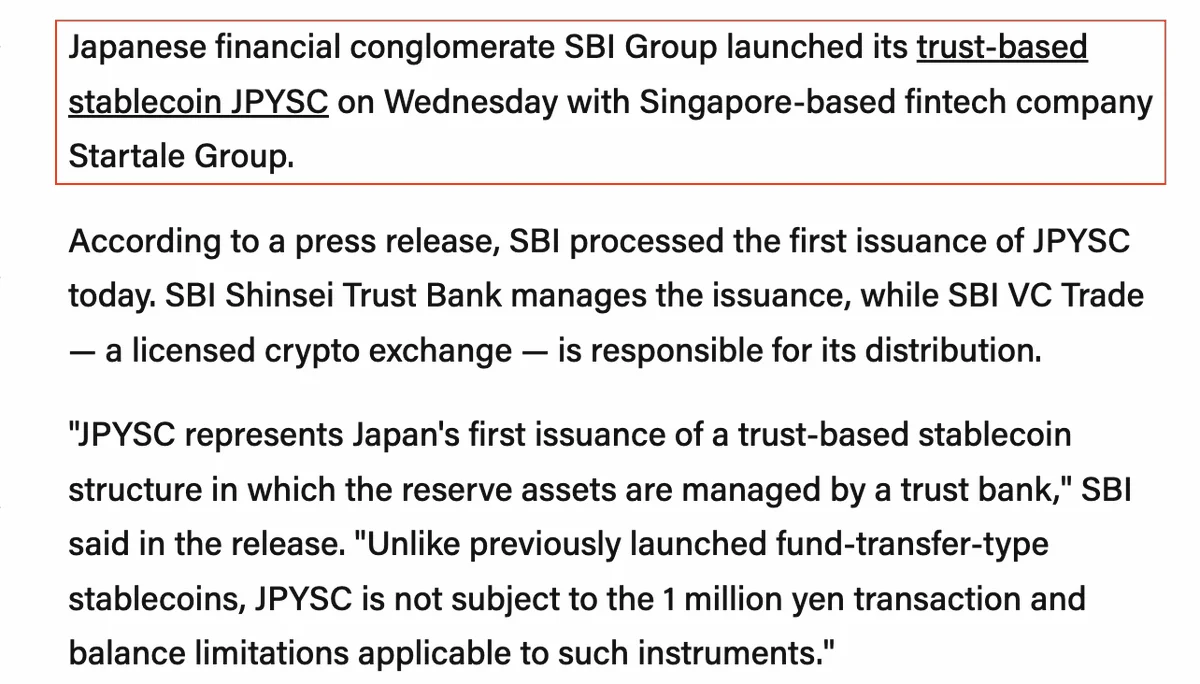 SBI bringt Japans ersten treuhänderischen Yen-Stablecoin JPYSC