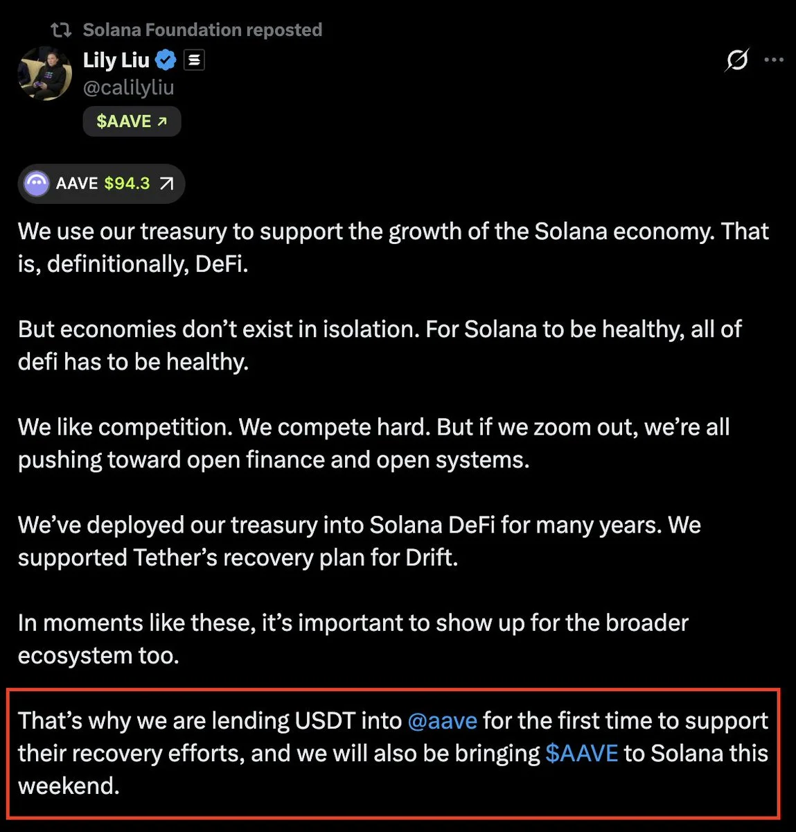 Solana Foundation Chair Lily Liu Says USDT Loan to Aave Supports Recovery Effort