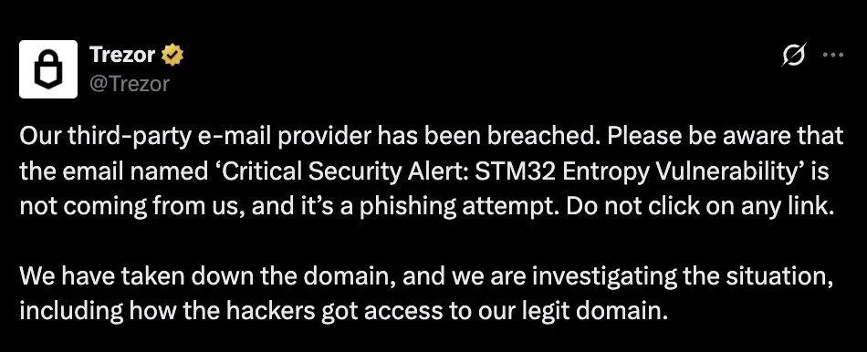 Trezor warns users of phishing emails after provider breach