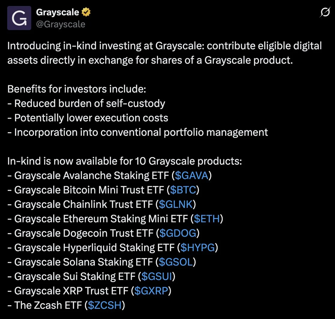 Grayscale Opens In-Kind Investing Across 10 Crypto Assets