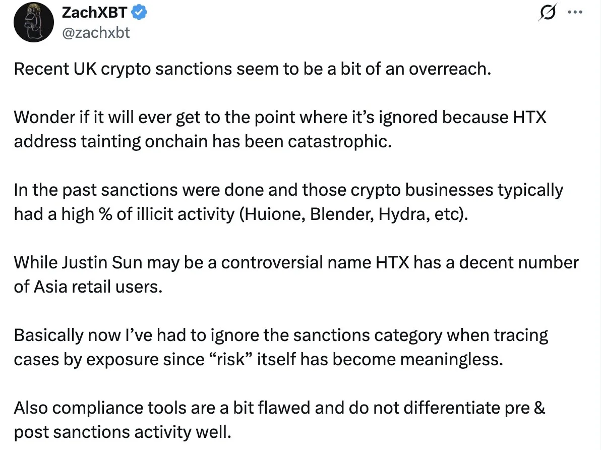 ZachXBT: UK-Sanktionen gegen HTX machen On-Chain-Risikobewertungen...