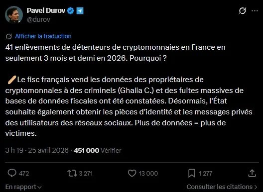 Telegram Founder Attributes 41 French Crypto Kidnappings to Tax Leaks

Telegram 