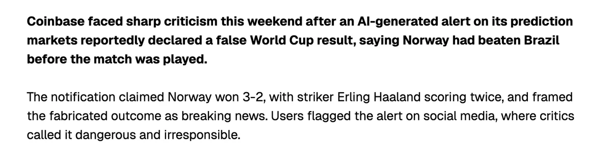 Coinbase AI fabricates World Cup result before kickoff