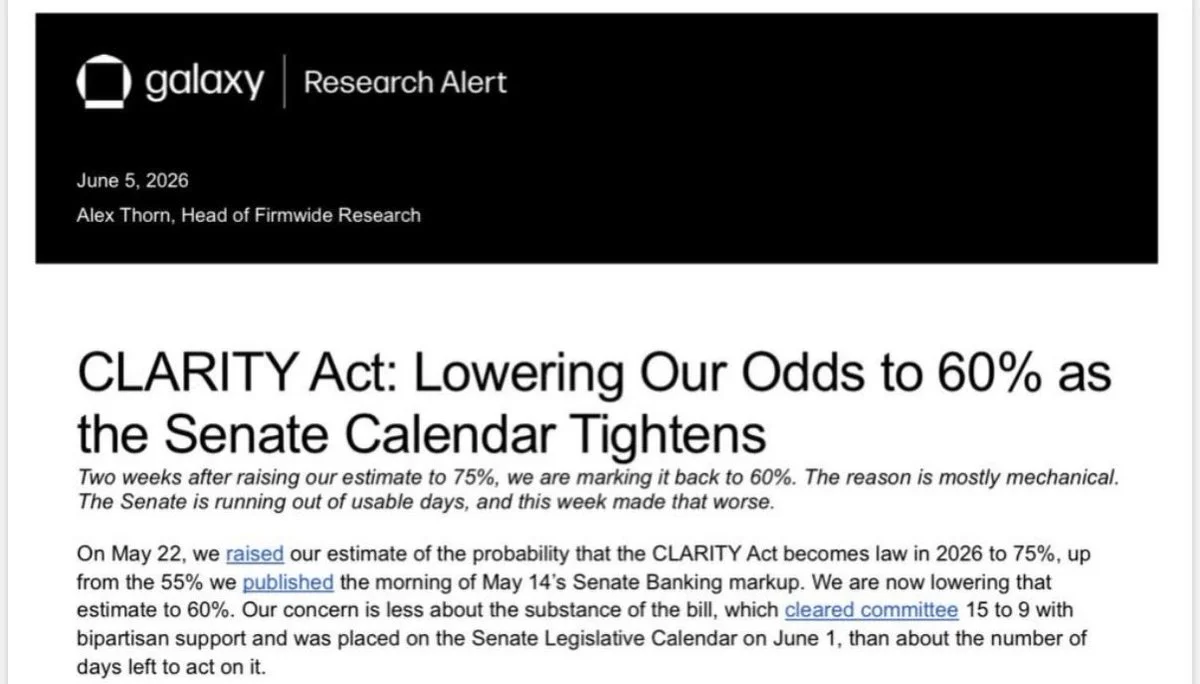 Galaxy's Alex Thorn cuts CLARITY Act 2026 passage odds to…