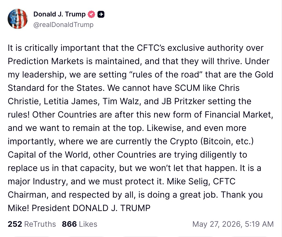 Trump: La CFTC Debe Mantener la Autoridad Exclusiva Sobre los Mercados de Predicción…