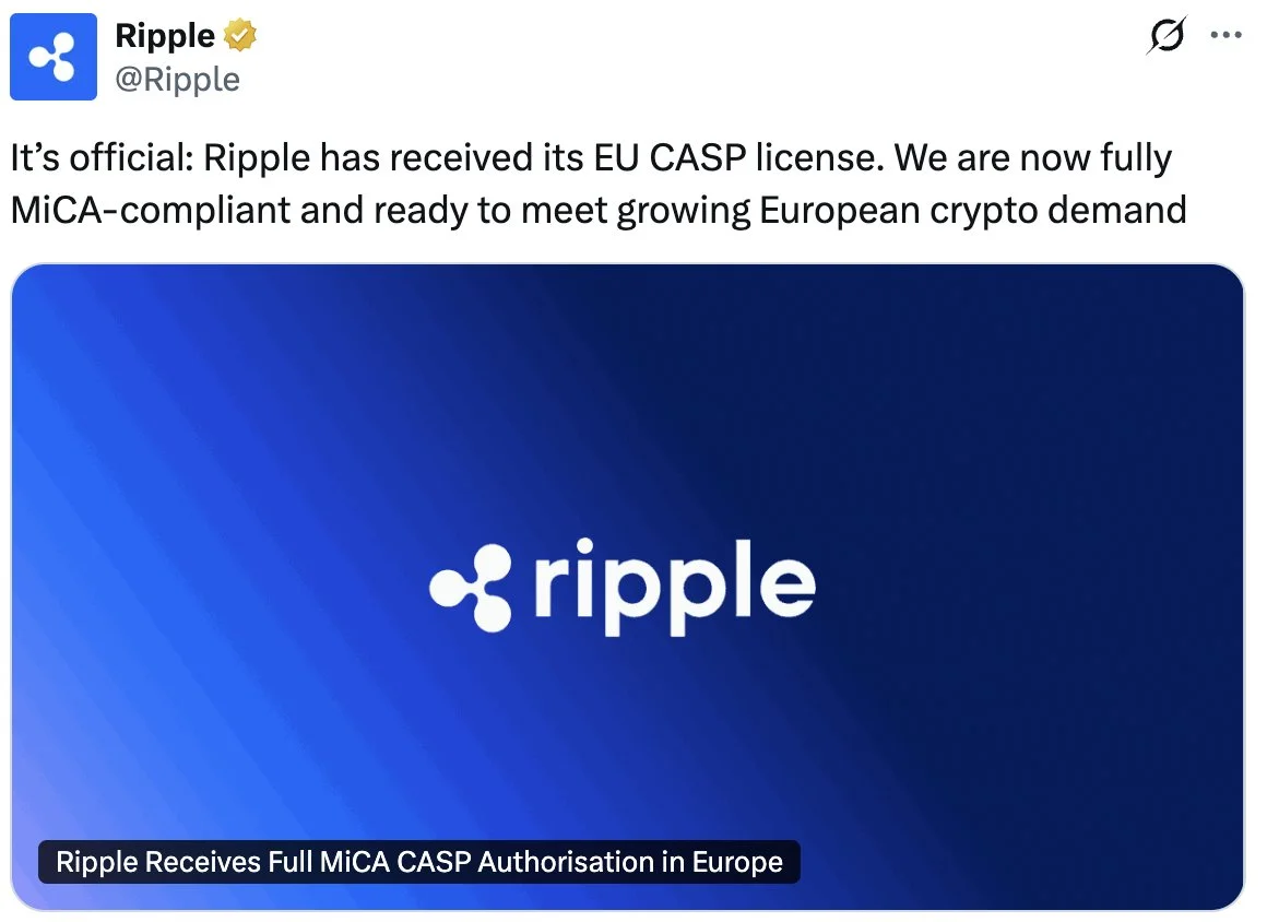 Ripple secures full MiCA license, expands XRP, RLUSD across EU