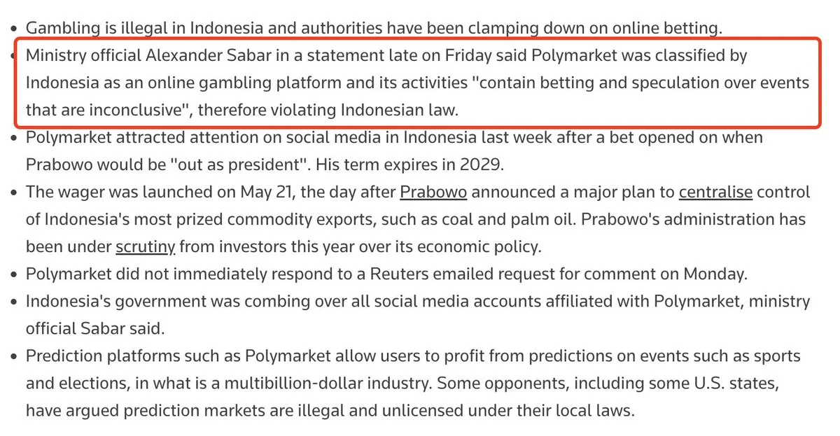 Indonesia Blocks Polymarket Citing Online Gambling Laws After Market Predicts Presidential Exit!