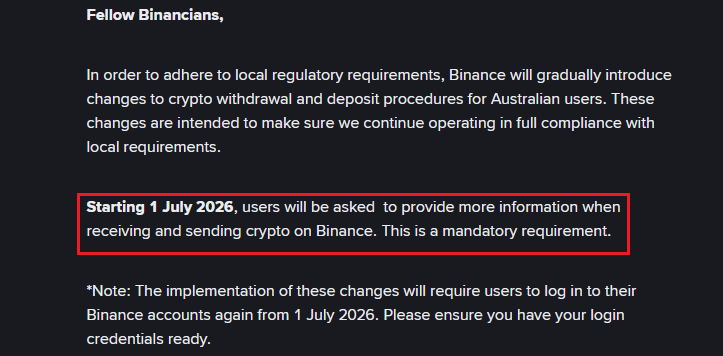 Binance Australia mandates full sender and beneficiary data on all crypto transfers from July 1, 2026!