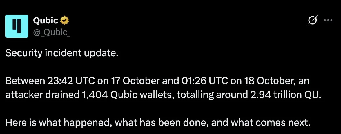 Qubic saldırısı 1.404 cüzdanı boşalttı, QUBIC’in %87,1’i dondu