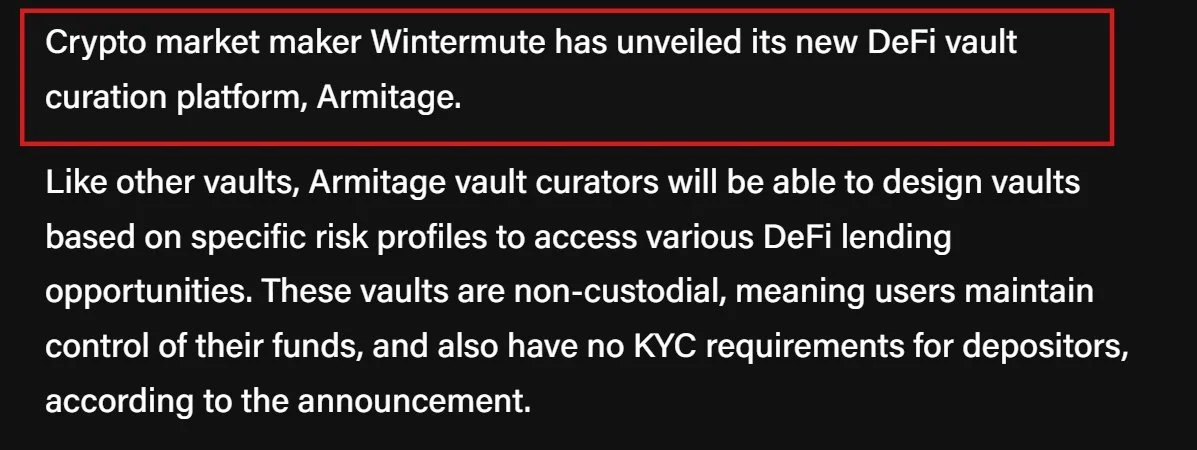 Wintermute Launches Armitage: Non-Custodial DeFi Vaults for Institutional Collateral!