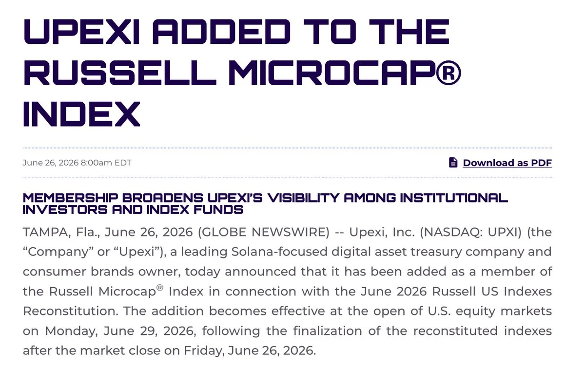 UPXI, Russell Microcap Endeksi'ne katıldı: 2. büyük Solana hazinesi