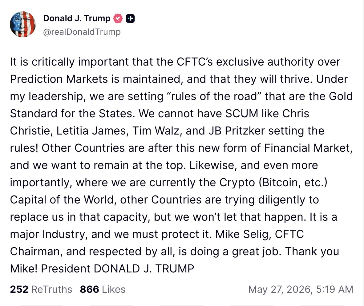Trump: CFTC Must Keep Exclusive Authority Over Prediction…