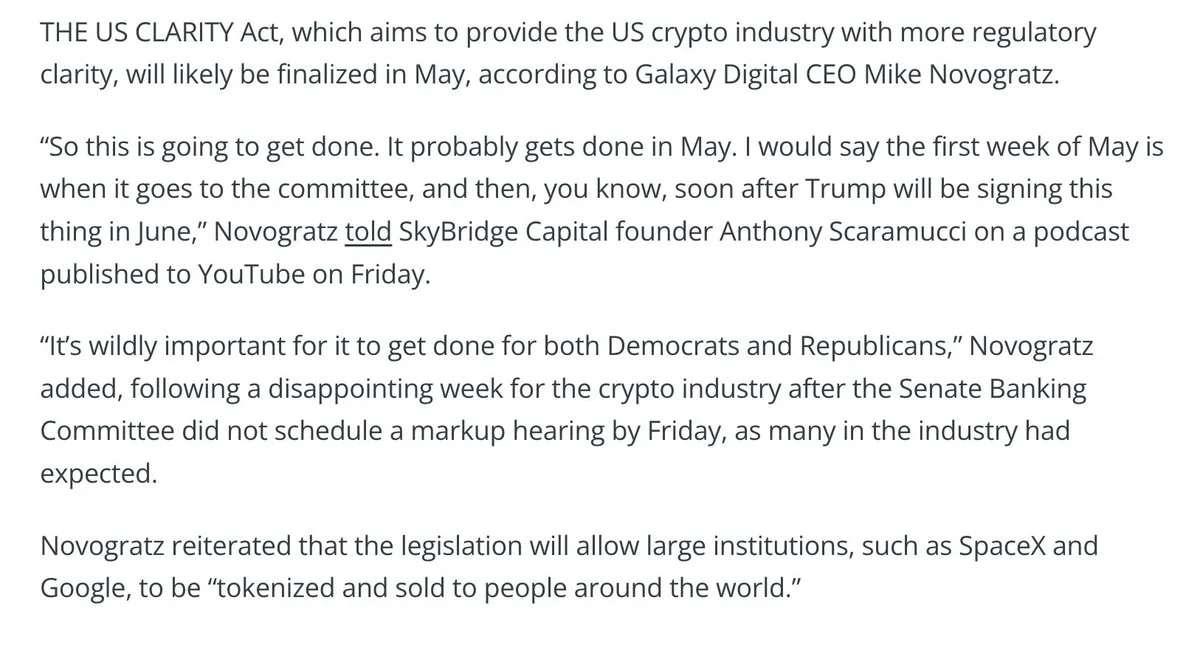 Mike Novogratz: U.S. CLARITY Act Could Advance in May

Galaxy Digital CEO Mike N