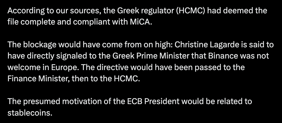 EZB-Chefin Lagarde blockt Binance MiCA-Zulassung in Griechenland